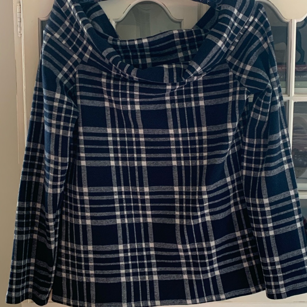 Banana Republic navy plaid off the shoulder top